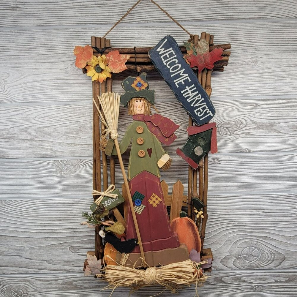 Welcome‎ Harvest Fall Scarecrow Wall Hanging Decor Crow Bird House Pumpkin READ